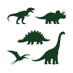 Prehistoric Dinosaur Silhouettes Set: T-Rex, Triceratops, Stegosaurus, Brontosaurus, and Pterodactyl Simple Vector Illustrations © 星 陈