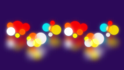 Glowing colorful bokeh lights in red yellow cyan and white reflecting softly on a dark purple abstract background