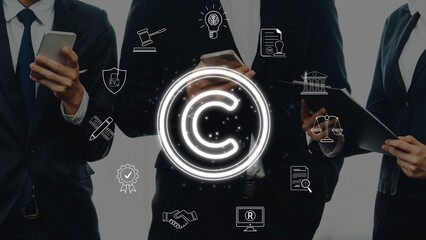 A professional team collaborates in an office environment, utilizing mobile devices to discuss copyright concepts, surrounded by legal symbols and icons related to intellectual property. Raster