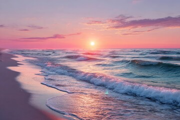 Soft pink sunrise over tranquil waves on a serene beach inviting early risers to enjoy nature's beauty