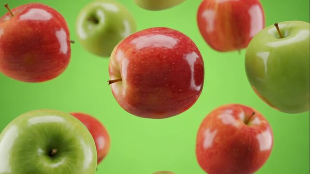 apples floating weightlessly, glossy skin with reflections, green screen background