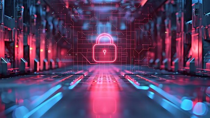 Digital padlock hologram floating above metallic tech floor futuristic digital technology concept background high resolution stock photo