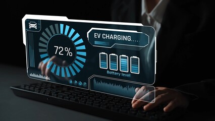 Charging interface for electric vehicles showing real-time battery level, charging status, power...
