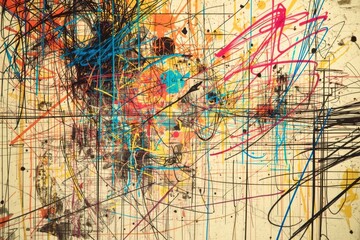 Obraz premium A colorful painting with splatters of paint and lines