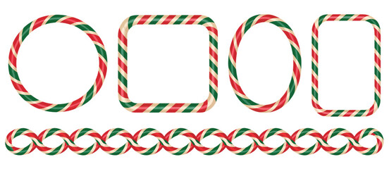 Candy cane border set, showcasing square, round, and oval Christmas frames, classic striped lollipop patterns, decorative festive brushes, and charming holiday graphics ideal for winter design, 