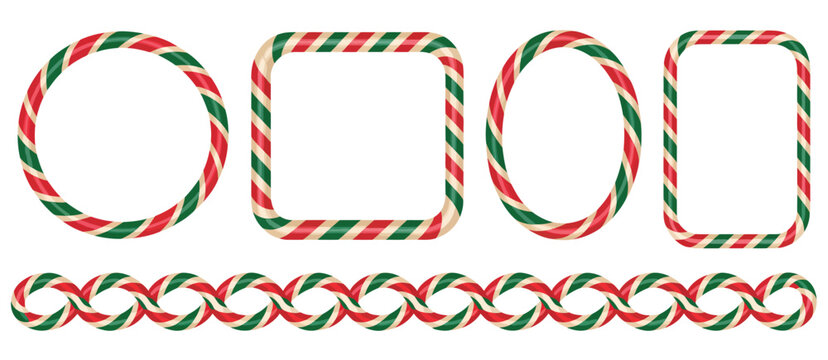Candy cane border set, showcasing square, round, and oval Christmas frames, classic striped lollipop patterns, decorative festive brushes, and charming holiday graphics ideal for winter design, 