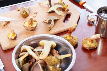 Sliced fresh mushrooms lie in metal plate