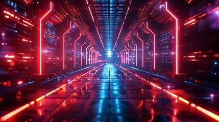 Neon neural tunnel effect traveling forward in dark tech scene futuristic digital technology concept background high resolution stock photo