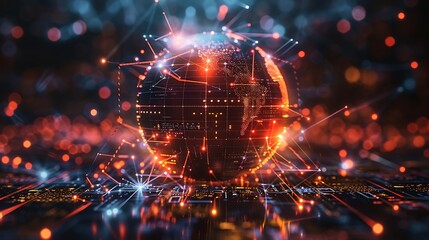 Transparent holographic globe with rotating digital connections futuristic digital technology concept background high resolution stock photo