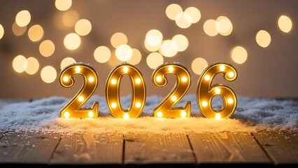 Golden illuminated 2026 sign on snowy wooden surface with bokeh lights background