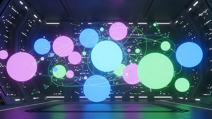 Abstract visualization of interconnected glowing spheres and molecular structures within a futuristic digital environment.