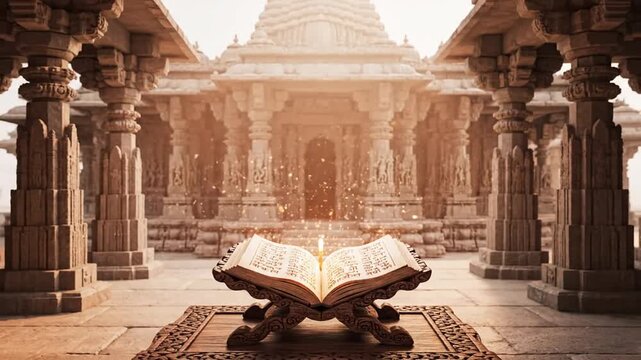 Maharishi Dayanand Saraswati Jayanti Banner Video with Glowing Vedic Scriptures and Warm Particles