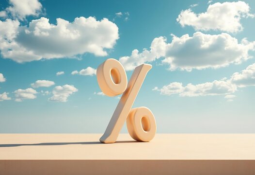 3D render of a blue sky background with clouds and a prominent percentage sign icon symbolizing business finance rates, sale, or discount promotion - Powered by Adobe