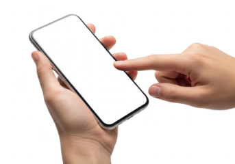 Hand holding a smartphone with a blank screen isolated on transparent background