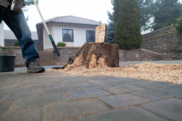 Man sweeping sawdust in yard
