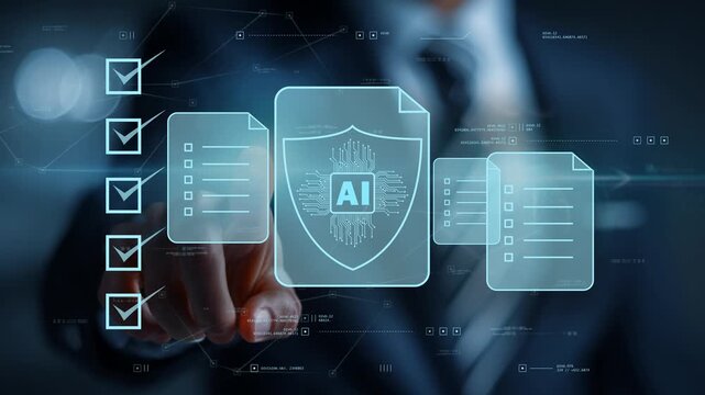 Businessman with tablet displaying a holographic interface with ai technology icons and checkbox sheets, representing digital transformation and future business solutions.