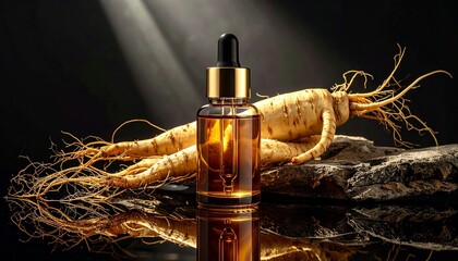 Amber Ginseng Serum Dropper Bottle and Roots on Dark Reflective Surface