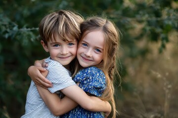 Brother and sister share a warm hug in a sunny park during a joyful afternoon, surrounded by nature and greenery, capturing their close bond and playful spirit
