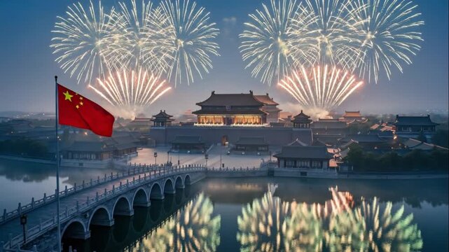 Aerial view showing the Chinese flag waving near an ancient bridge leading to a palace, grand fireworks illuminating the entire skyline