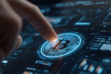 Futuristic blockchain technology featuring a digital interface and a focused touch on a cryptocurrency symbol with advanced graphics depicting seamless transactions