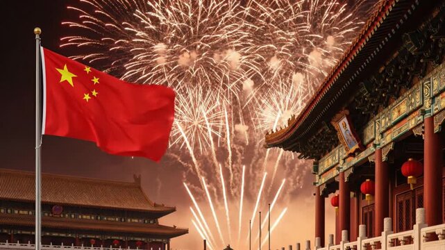 Chinese flag background filled with traditional Chinese architecture, fireworks bursting with bright red and gold colors