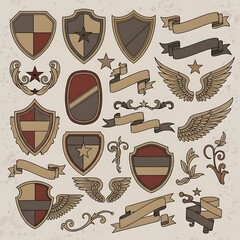 Collection of vintage-inspired heraldic shields, ribbons, decorative flourishes, and wings, in muted tones of brown, red, and beige, ideal for graphic design projects.
