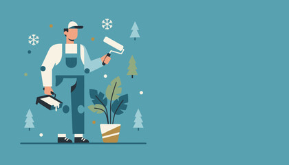 Handyman painter in uniform with roller and paint tray Home renovation professional service