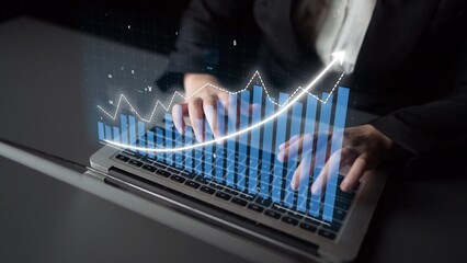 A businessman works on a laptop, featuring dynamic graphs and financial data visualizations, emphasizing modern analytics for informed decision-making in the corporate world. Copula