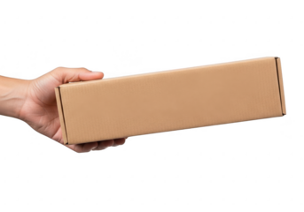 Hand holding a long cardboard box isolated on transparent background