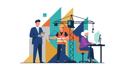 Business team managing construction project planning and engineering tasks