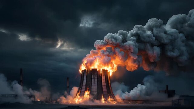 Dramatic industrial scene with flames and smoke rising from a power pl