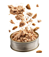Floating cat food pieces above full open can