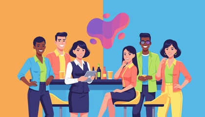 Diverse business team networking at a vibrant bar illustration celebrating success or socializing