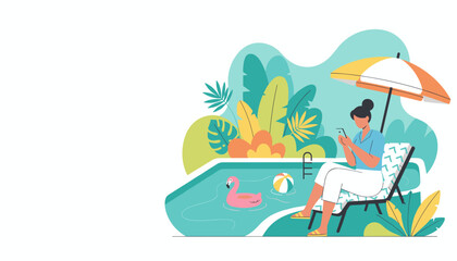 Woman relaxing by the pool with a phone enjoying tropical vacation time and digital communication