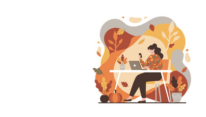 Woman working remotely with laptop and phone in a cozy abstract autumn environment