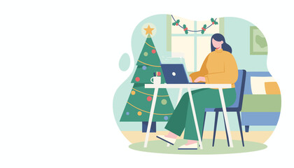 Woman working on laptop at home office decorated for Christmas holidays Remote work concept