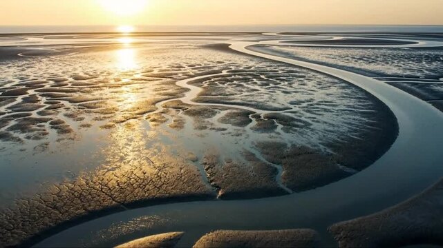 Aerial View of Coastal Mudflats and Tidal Streams at Sunset a mesmerizing seascape