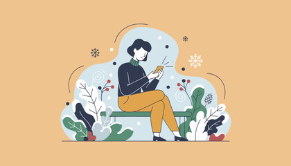 Woman using smartphone outdoors on a winter day Communication and connection concept