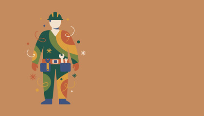 Colorful illustration of a professional worker with a hard hat and tool belt Labor and service concept