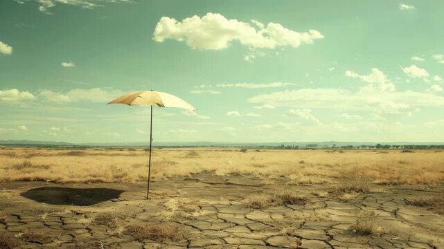 Lone umbrella in vast, arid landscape under partly cloudy sky