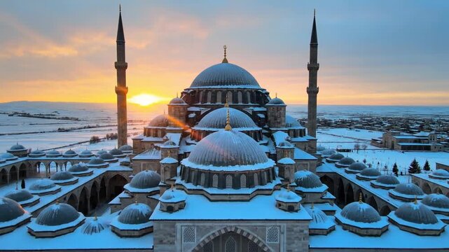 Sunset bathes a grand blue-tiled mosque with domes, arches and slender minarets, serene. at sunset!!