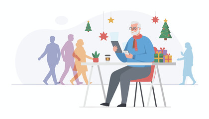 Senior man uses digital tablet for holiday shopping amidst festive decor and busy city life