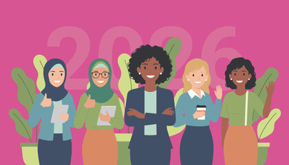 Diverse women in business celebrating 2026 success teamwork and empowerment