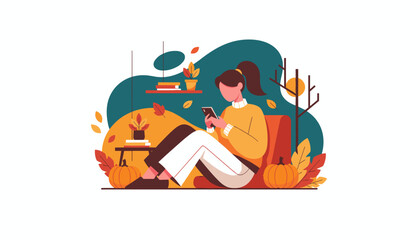 Cozy autumn leisure woman sitting with smartphone surrounded by pumpkins and fall decor