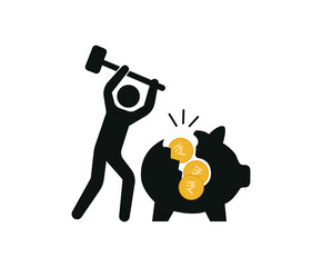 Stickman breaking a piggy bank with hammer, symbolizing savings withdrawal, financial emergency, expense shock, money management, or investment decision.