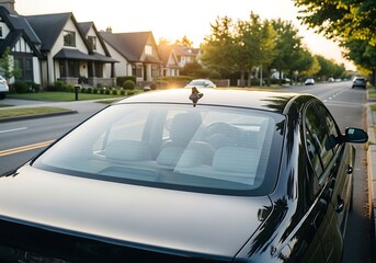 A parked dark-colored sedan, its rear end visible, sits on a city street lined with homes at golden hour.