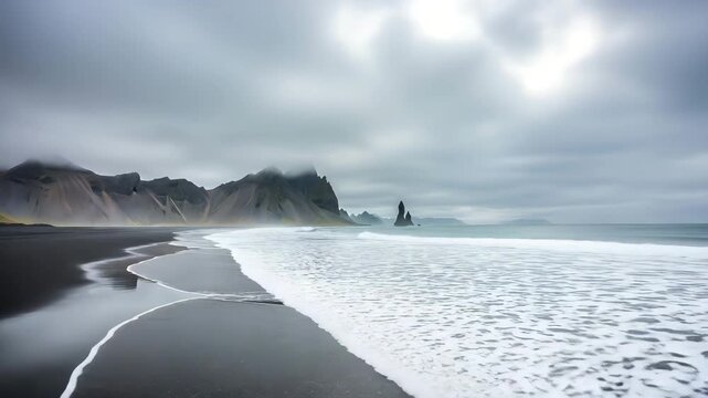 Black sand beach with dramatic rock formations and misty clouds ocean Background