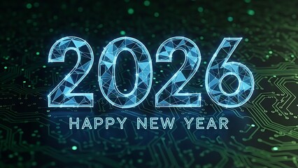 Happy new year 2026 celebration with glowing blue circuit board design