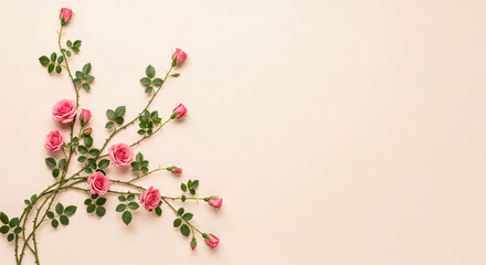 A beautiful, romantic backdrop featuring lush green vines and blooming pink roses trailing down from the top left.