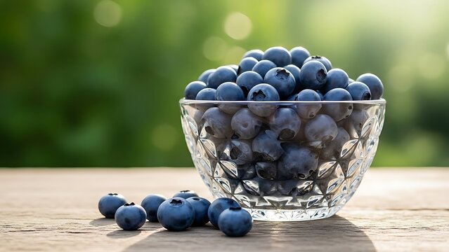Fresh blueberries in a glass bowl on a wooden table outdoors in natural light setting - Powered by Adobe